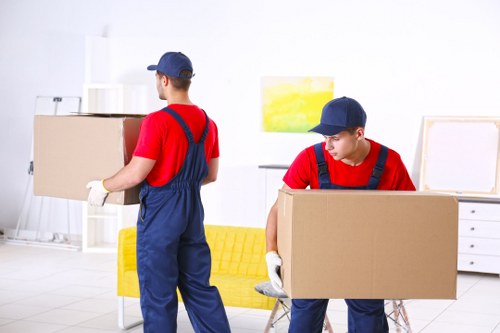Removal team helping with a move in a Chelsea townhouse street